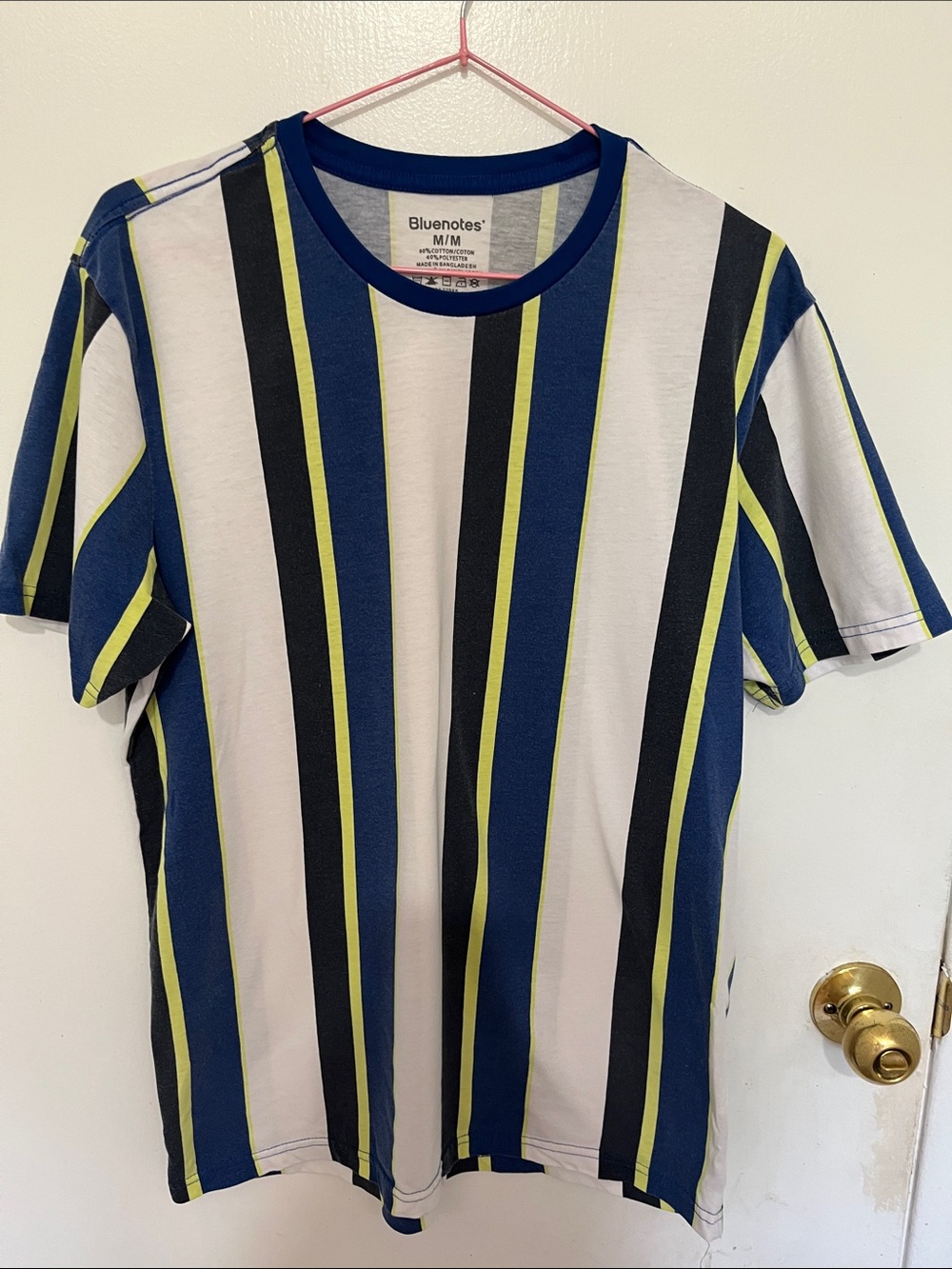 Bluenotes Navy and Lime Vertical Stripe Crewneck Tee in Men's Size Medium